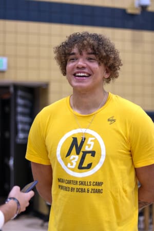Oct. 16, 2023: Missouri forward Noah Carter answers questions from reporters at Missouri men’s basketball Media Day at Mizzou Arena.